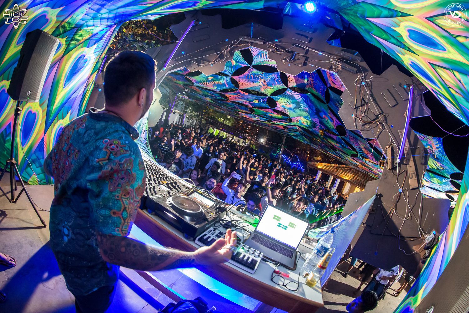 Amplify playing to a packed dancefloor under a UV canopy at Hilltop, India